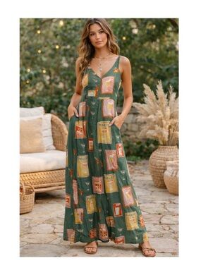 Paper Heart Green Cocktail Print Dress Size XS